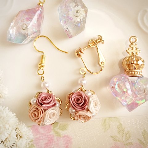 【送料無料】«ロザフィ»3色ピンク薔薇のイヤリングorピアス