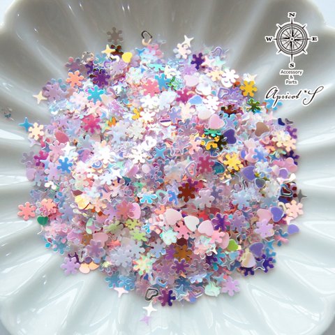 ホログラム ミックス 約5ｇ 【◇ パープル ピンク ブルー 系 】( ハート / 雪の結晶 / 四芒星形 ) ネイル レジン 封入素材 ホロ スノーフレイク 星 スター キラキラ 赤 紫 ハート 