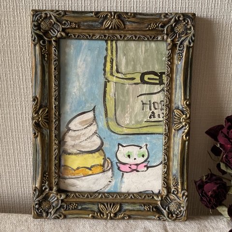 絵画。原画【おいしいアイスクリーム屋のかわいい白猫ちゃん】