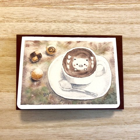 ☕️透明水彩画　2枚セット「カフェラテ」北欧イラストミニカード  バースデーカード メッセージカード　父の日カード ぶた  ブタ☕️