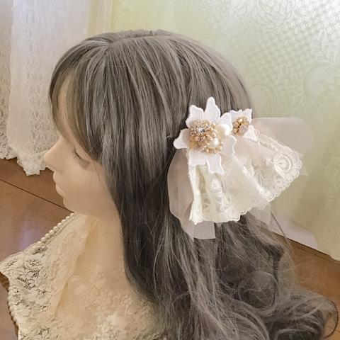 　【国産レースとビジューのヘッドドレスセット】ヘアアクセ　花　ベージュ　白　ウエディング　ブライダル　結婚式340