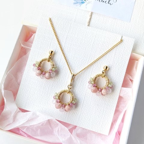 ＊2点セット＊ 春色満開 桜カラーのリングピアス / イヤリング＆ネックレスセット (ギフトラッピング込み(送料無料) 