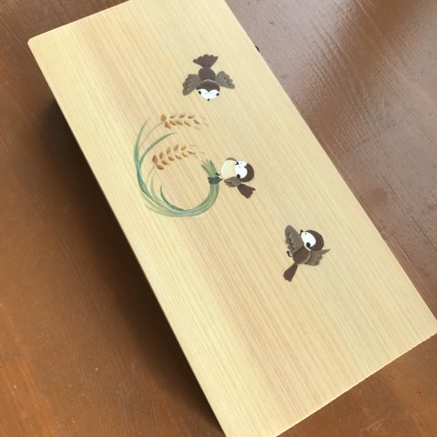 カトラリーケース（デザート用スプーン、フォーク入れ）　ヒノキの箱　片手で開けられる　三羽の雀　