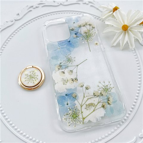 紫陽花押し花スマホケース、全機種対応、ストラップホルダ一、iFace風、手帳型、iPhone14、iPhone14Pro、iPhone14plus、iPhone13、iPhone12、iPhone8