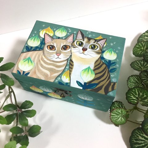 手描き 猫の木箱 小物入れ 原画 手書き 猫  絵 絵画 イラスト アート 花 フラワー