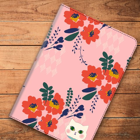 レトロ花柄　白ねこ ピンク iPad ケース タブレット iPad android cat100
