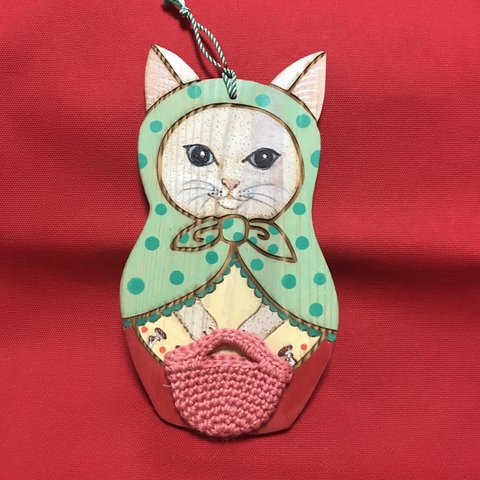 木製ねこマトリョーシカ壁かけプレート(白ネコ)