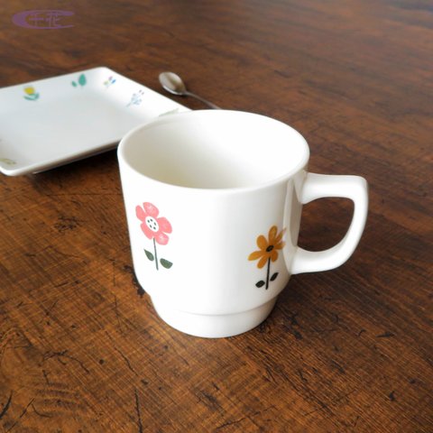 スタッキングマグカップ＊美濃焼＊お花のはんこ＊300ml［ID：M03034-1］