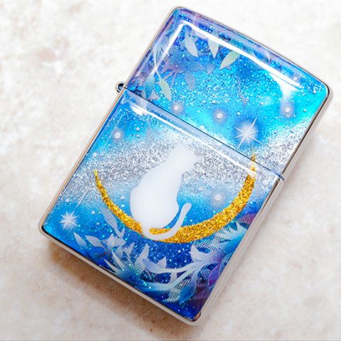 名入れ無料　ZIPPO　猫と月～星に願いを～　ジッポ　ライター　箱付き 