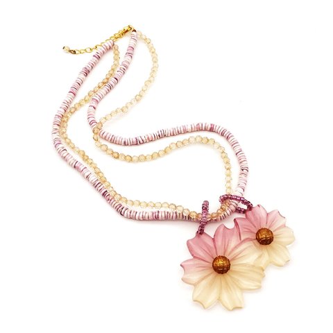 80s Vintage Shell Beads × Clear Glass Plastic Flower Necklace