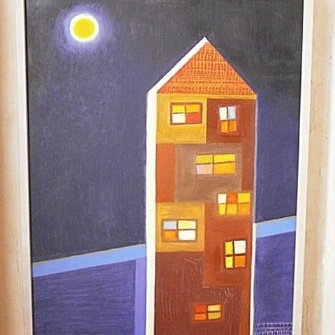 原画 絵画 夜の散歩道 オイルパステル ガッシュ 額装済み