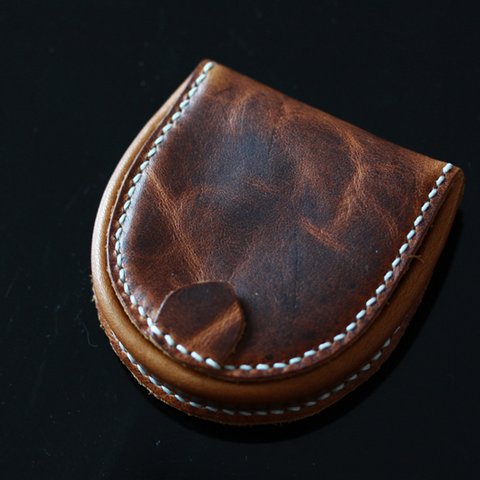 手縫いハンドメード牛革極厚 半円型（馬蹄型）大容量小銭入れ（コインケース）復古ブラウン携帯便利