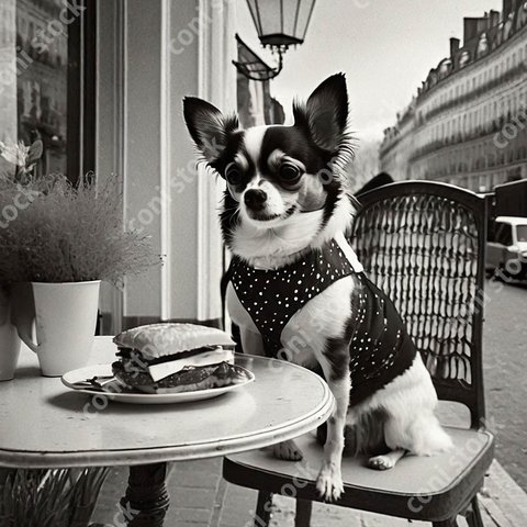 パリのイメージ、カフェの椅子に座る犬、チワワ、レトロ、モノクロアート conistock_2339