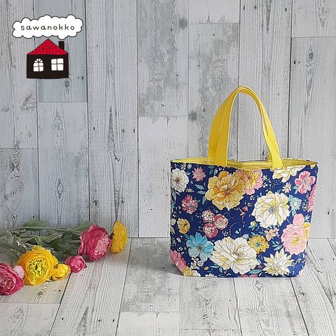 [黄色]　あでやか 花柄 ミニトート 黄色 ミニバッグ お散歩バッグ カラフル 派手 floral pattern  floral print  mini tote bag  yellow 