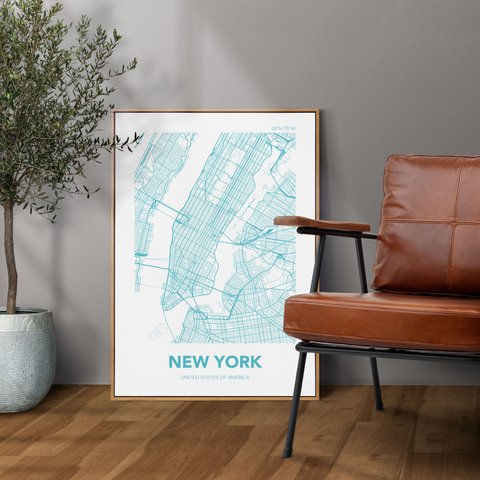 アートポスター MAP ニューヨーク アメリカ ブルー L判 ハガキ 2L判 A4 A3 B3 A2 B2 アート モノトーン 地図 インテリアポスター【MAP_BL-A01】