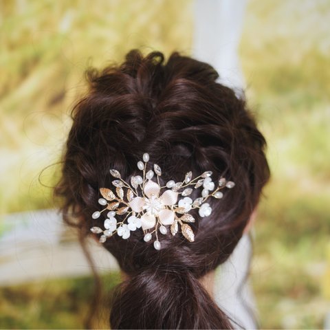 お花モチーフ ウェディング ヘアアクセ ヘッドドレス ヘッドピース ゴールド ブライダル