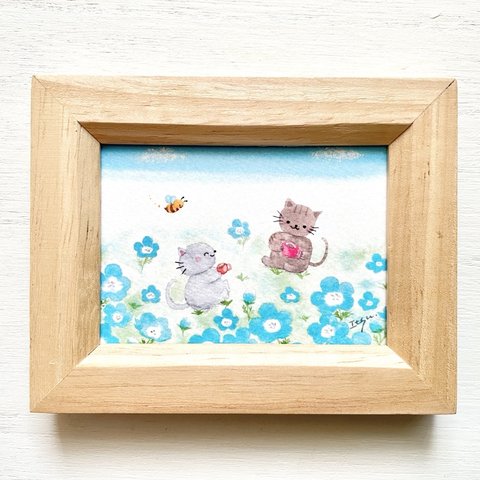 🌼透明水彩画「ネモフィラ畑でお茶しましょ」 イラストミニ額  春　花　フラワー　猫　ねこ　ネコ　みつばち　プチギフト 入園入学　母の日　父の日