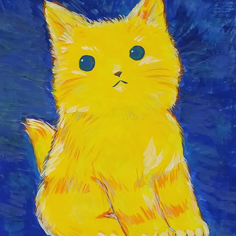 瑠璃色　黄色　猫の絵