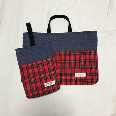 大きめ33×47センチ☆キルティングレッスンバッグ＆上履き入れ  赤チェック×リアルデニム 