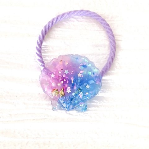 人魚の髪飾り☆大きな夏色貝殻のヘアゴム☆ 【スカイブルー×ピンクグラデーション☆】貝殻