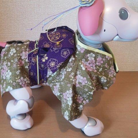 aibo アイボ 振袖風 ハンドメイド服 頭飾り付き 桜柄 竹色①