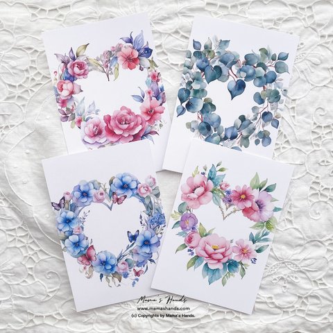素敵な お花の ハート リースの 水彩画 イラスト アート 4枚 ハガキ ポストカード セット ♪