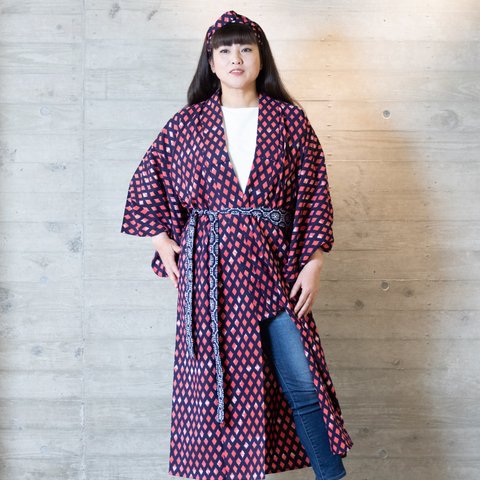 浴衣 着物 ロングカーディガン  Kimono robe, Kimono Jacket, Yukata Cardigan, Headband, 100% Cotton, 斜め格子柄