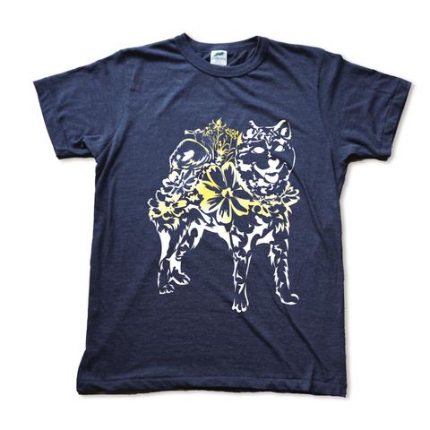 コスモス柴犬の手刷りやわらか紺Tシャツ