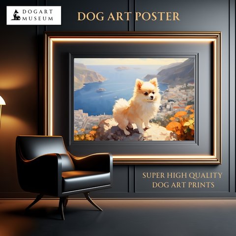 【地中海の海沿いの町 - ポメラニアン犬 No.3】A2アートポスター 犬の絵 犬の絵画 犬のイラスト