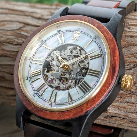 【木製腕時計】EINBAND Frieden マザーオブパール×レッドサンダルウッド＆エボニーウッド 機械式 自動巻き腕時計 40mm