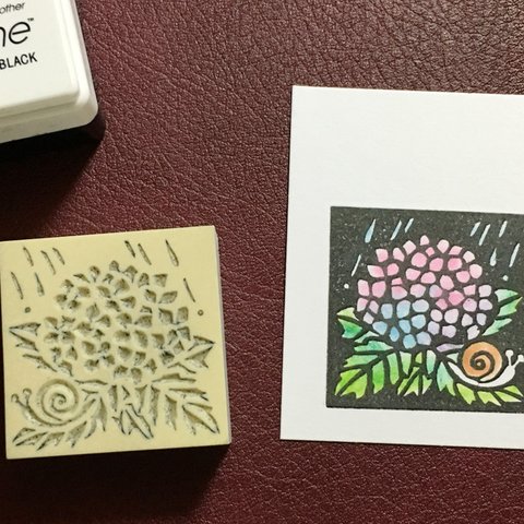 切り絵風紫陽花の消しゴムはんこ（持ち手つき）押し方見本＆説明書