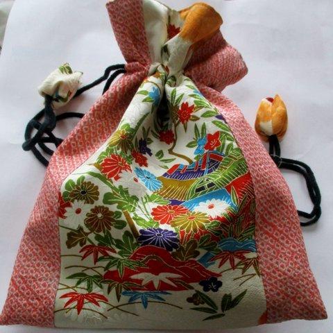 ６９１０　絞りと花柄の着物で作った巾着袋　＃送料無料
