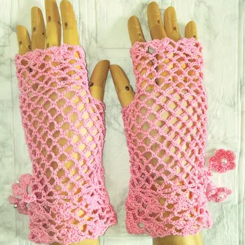 ２０番レース・ネット編み・ハンドウォーマー(ピンク)手袋*手編み