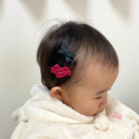 グログランリボン　ハートモチーフ　ベビー　キッズ　ヘアアクセサリーセット