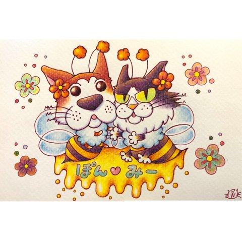 【色鉛筆画】猫と犬🐈🐕ミツバチぽんとミツバチみー🐝イラスト原画