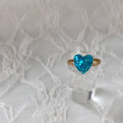 送料無料✴︎再販♡lamé jewel heart blue♡gold ring