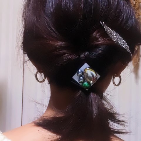 1点のみ. 大ぶり ヴィンテージ 風 ハンドメイド ヘアゴム ブラック グレー スクエア ブラック クリア オーバル ブラック ハート グリーン マーブル オーバル カボション