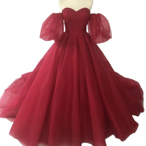 高品質！カラードレス 赤 ベアトップ トレーン ビスチェドレス 花嫁/ウェディングドレス