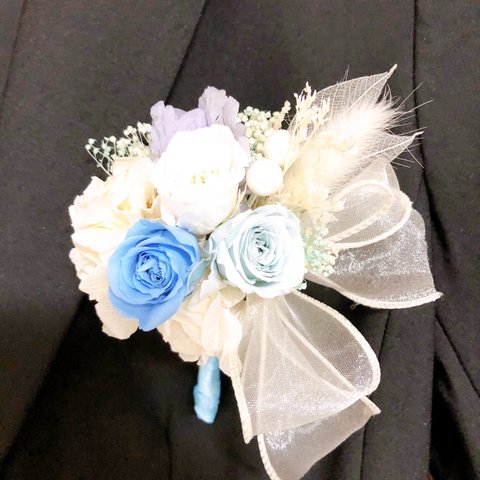 プリザーブドフラワー  コサージュ   アレンジメント お洒落　ブルー　入学式 卒業式 結婚式 雑貨 薔薇 あじさい  送料無料　　