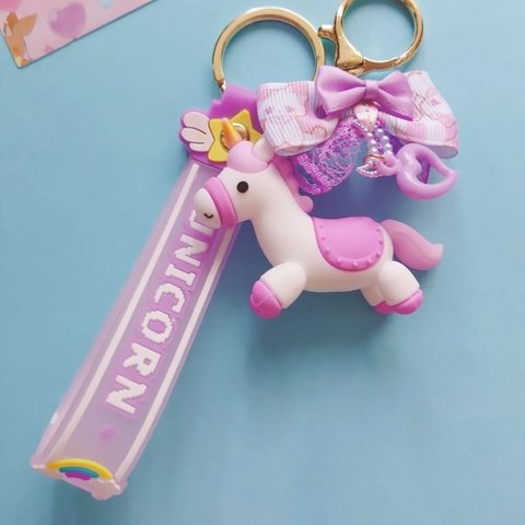 ♡ゆめかわパープルユニコーン♡リボンキーチェーン♡ハンドメイド　キッズ