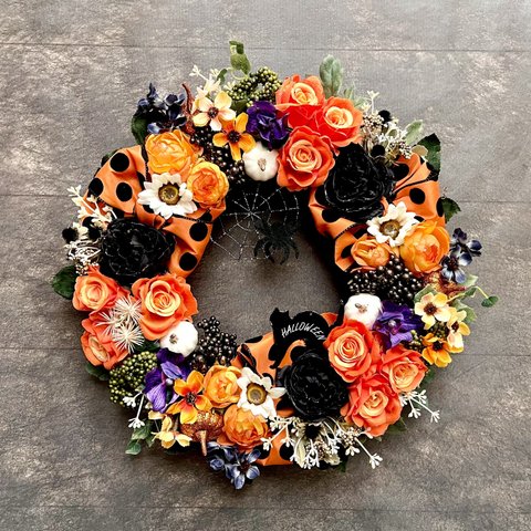 No.wreath-15522★大型ハロウィンリース23-(7)蜘蛛の巣＆黒猫　36cm・アーティフィシャルフラワー/造花リース/秋のリース/ハロウィンリース/大型リース