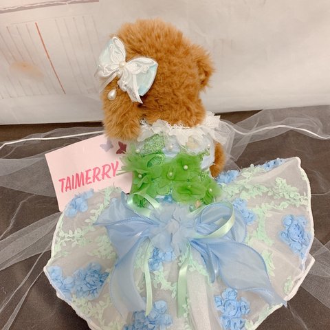 限定1着！犬猫うさちゃん服　Blue× Greenの小花ワンピース