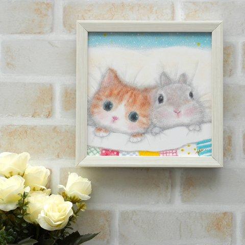 【複製画】「いっしょにおねんね」　猫　うさぎ　パステルアート　動物　かわいい　イラスト