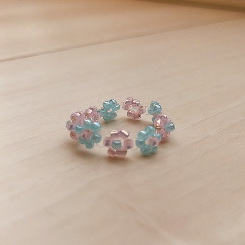 ビーズリング💎 ブルー×ピンク