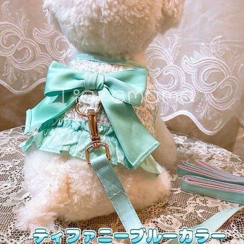 💐Princessdogdress💐ティファニーブルーカラー可愛いお散歩セット　マジックテープ　リボン付きリードセット