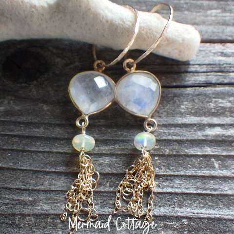 *14kgf * Moonstone Jellyfish Earrings ムーンストーン&オパール☆槌目14Kgfゴールドフープ