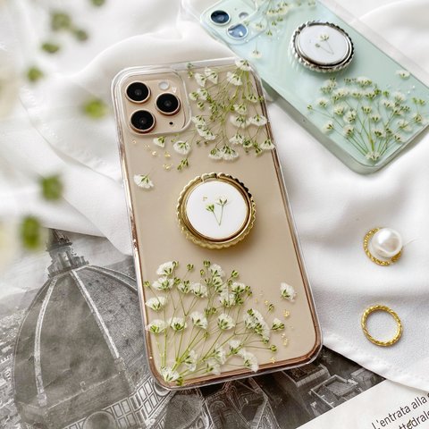 かすみ草 背景クリア スマホリング付き かすみ草たっぷりデザイン･.｡*･.｡* 押し花スマホケース 全機種対応