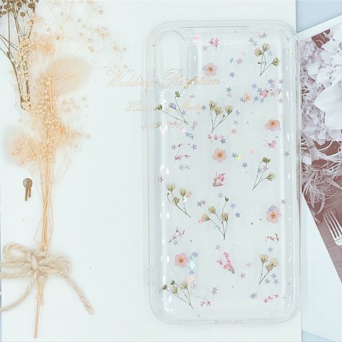 押し花 スマホケース  ピンク 小花 かすみ草 ラメ iPhone ケース