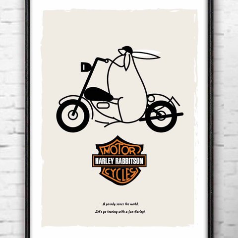 ハーレーラビットソンリターン　ウサギ　バイク　モノトーン　アート  アートポスター　ポスター  A4　　851