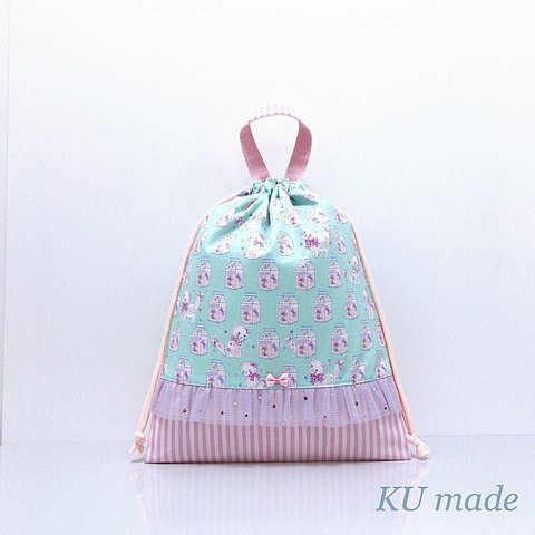 ミルク MILK キャット 猫×ストライプ*☆ハンドメイド 巾着袋  体操服袋 上履き袋  シューズケース 女の子